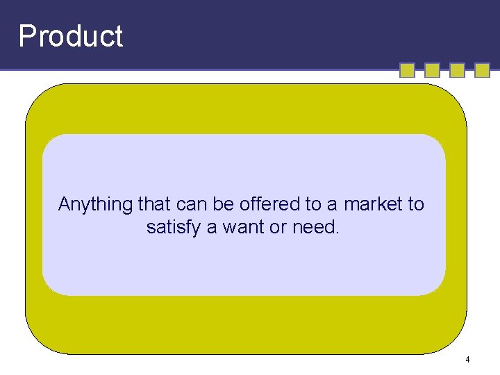 Product Anything that can be offered to a market to satisfy a want or