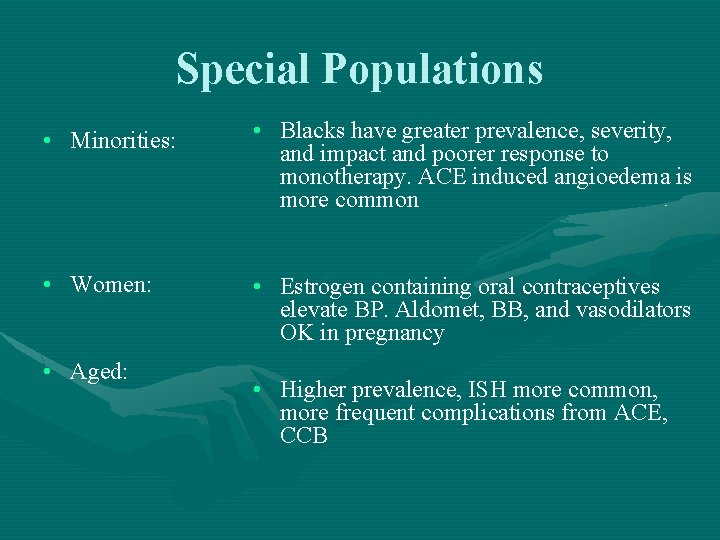 Special Populations • Minorities: • Blacks have greater prevalence, severity, and impact and poorer