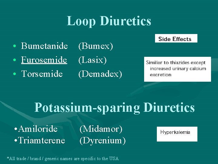 Loop Diuretics • Bumetanide • Furosemide • Torsemide (Bumex) (Lasix) (Demadex) Potassium-sparing Diuretics •