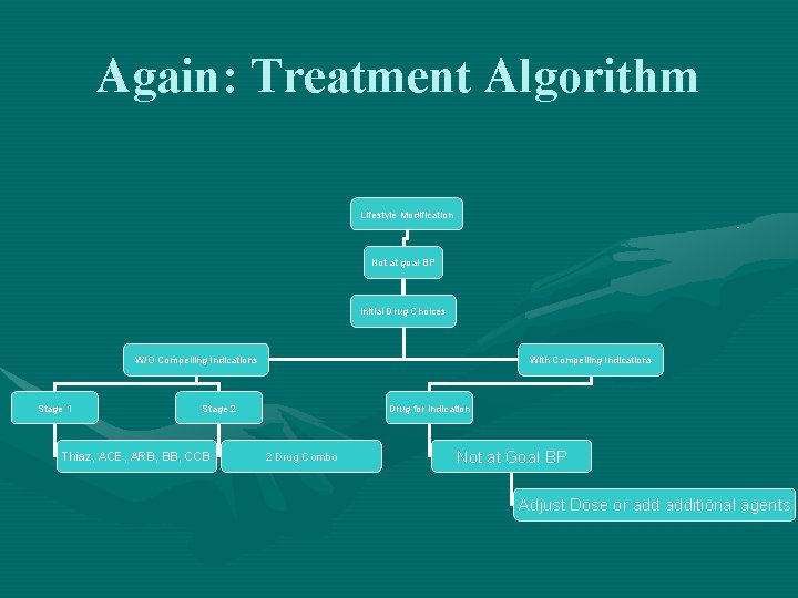 Again: Treatment Algorithm Lifestyle Modification Not at goal BP Initial Drug Choices W/O Compelling