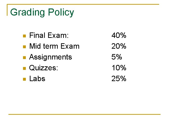 Grading Policy n n n Final Exam: Mid term Exam Assignments Quizzes: Labs 40%