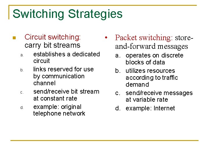 Switching Strategies Circuit switching: carry bit streams n a. b. c. d. establishes a