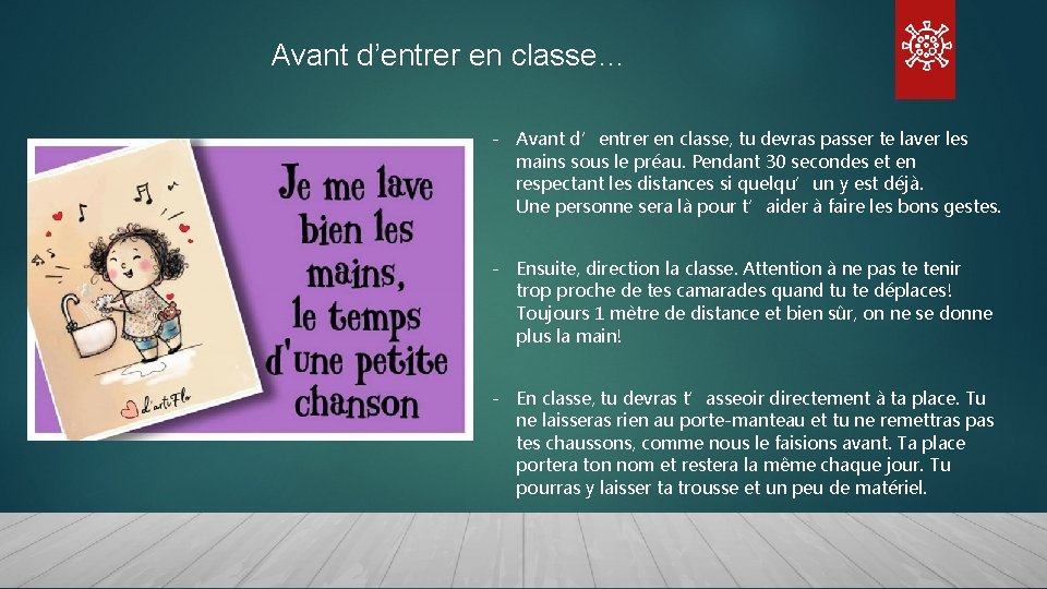 Avant d’entrer en classe… - Avant d’entrer en classe, tu devras passer te laver