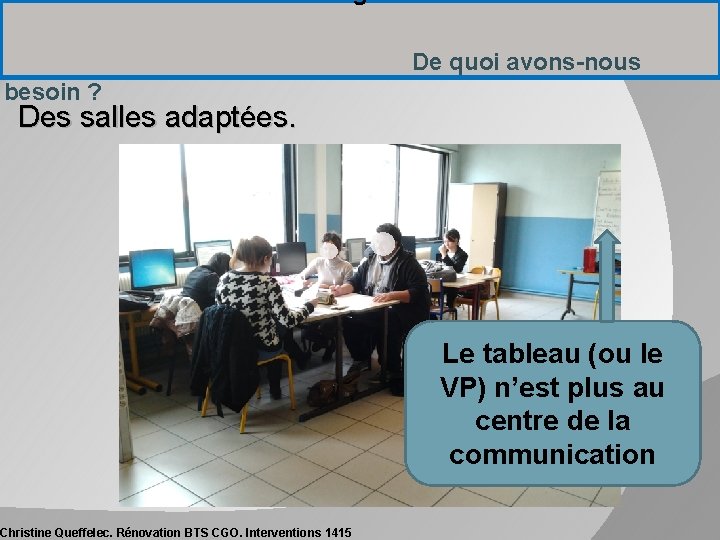 Nécessité et difficultés d’enseigner autrement De quoi avons-nous besoin ? Des salles adaptées. Christine Nécessité et difficultés d’enseigner autrement De quoi avons-nous besoin ? Des salles adaptées. Christine