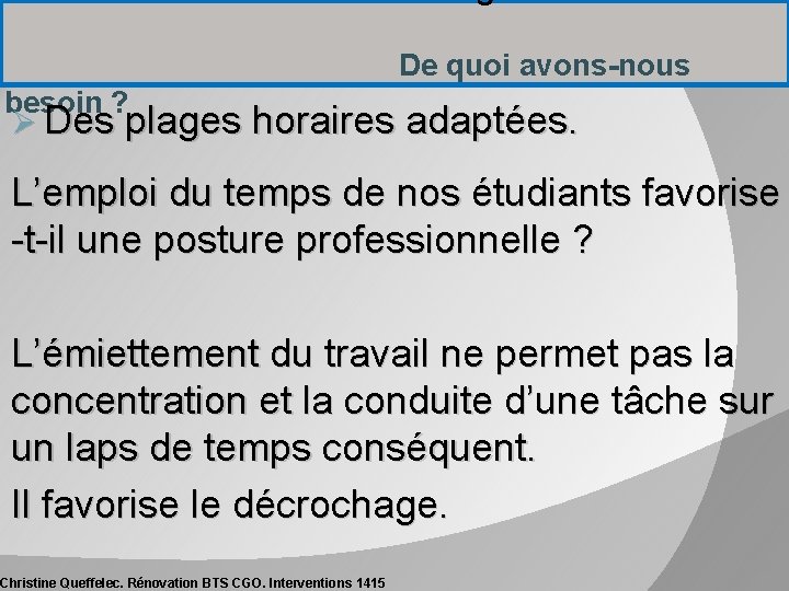 De quoi avons-nous besoin ? Ø Des plages horaires adaptées. L’emploi du temps de De quoi avons-nous besoin ? Ø Des plages horaires adaptées. L’emploi du temps de