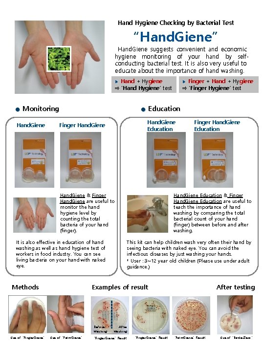 Hand Hygiene Checking by Bacterial Test “Hand. Giene” Hand. Giene suggests convenient and economic