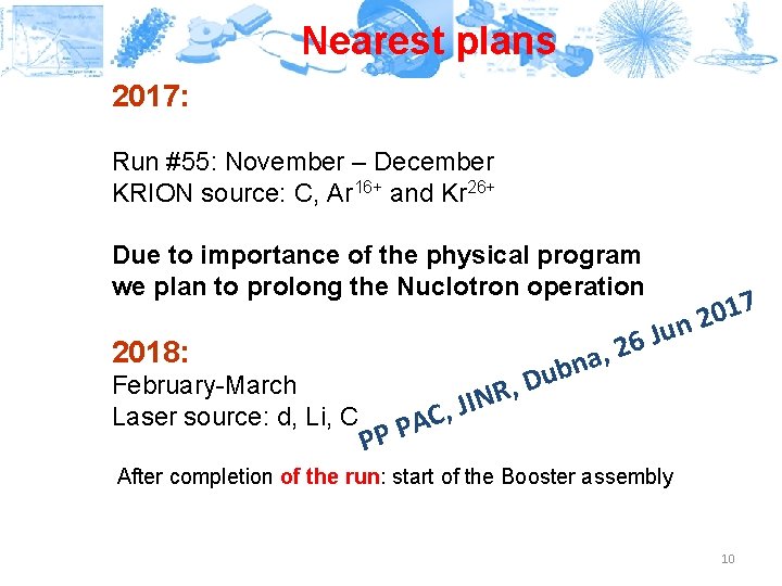 Nearest plans 2017: Run #55: November – December KRION source: C, Ar 16+ and