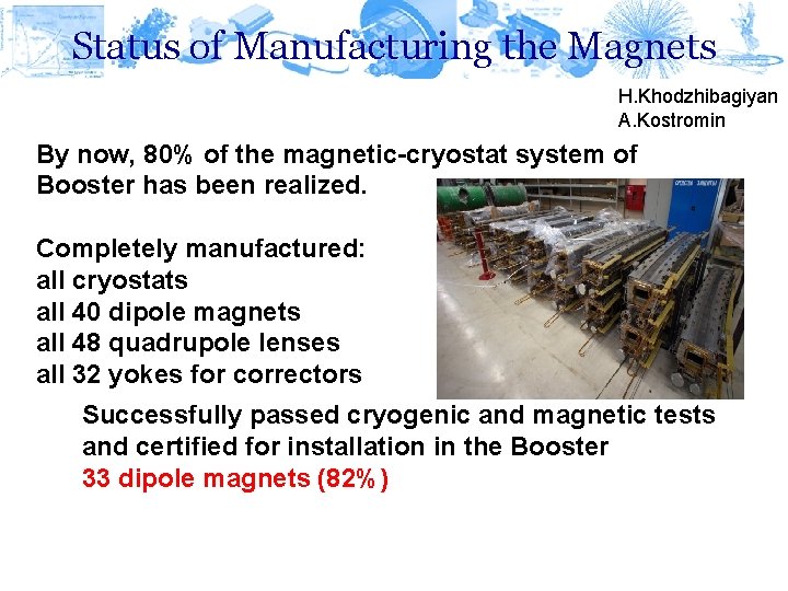 Status of Manufacturing the Magnets H. Khodzhibagiyan A. Kostromin By now, 80% of the