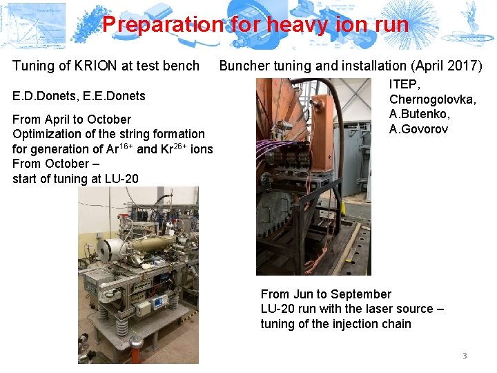 Preparation for heavy ion run Tuning of KRION at test bench E. D. Donets,