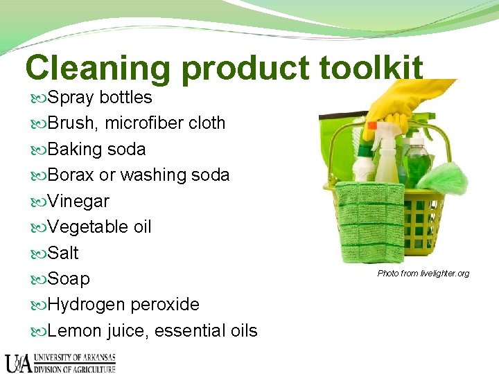 Cleaning product toolkit Spray bottles Brush, microfiber cloth Baking soda Borax or washing soda