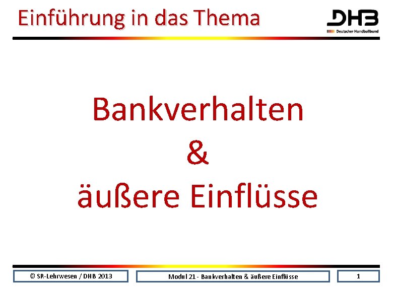 Einführung in das Thema Bankverhalten & äußere Einflüsse © SR-Lehrwesen / DHB 2013 Modul