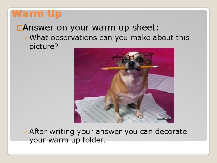 Warm Up �Answer on your warm up sheet: ◦ What observations can you make