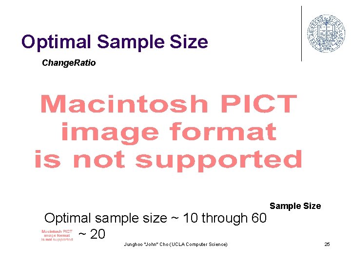 Optimal Sample Size Change. Ratio Optimal sample size ~ 10 through 60 ~ 20