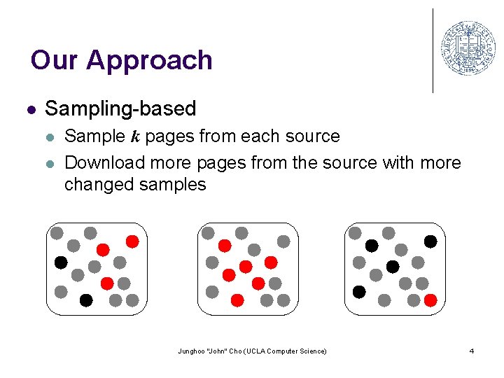 Our Approach l Sampling-based l l Sample k pages from each source Download more