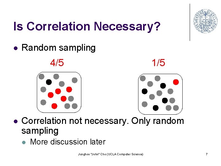 Is Correlation Necessary? l Random sampling 4/5 l 1/5 Correlation not necessary. Only random