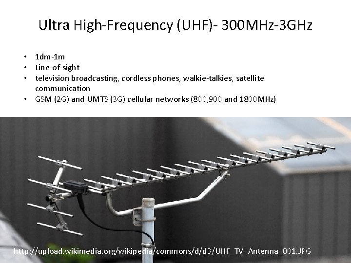 Ultra High-Frequency (UHF)- 300 MHz-3 GHz • 1 dm-1 m • Line-of-sight • television Ultra High-Frequency (UHF)- 300 MHz-3 GHz • 1 dm-1 m • Line-of-sight • television