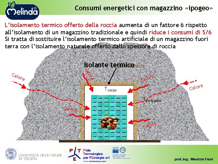 Consumi energetici con magazzino «ipogeo» L’isolamento termico offerto della roccia aumenta di un fattore