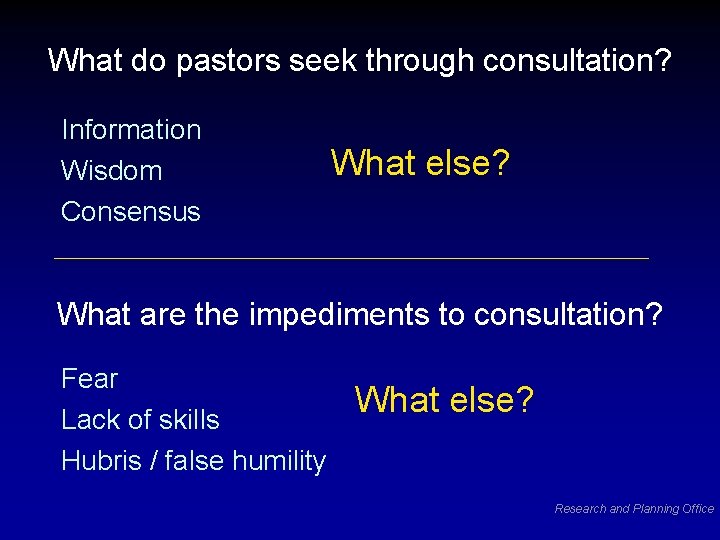 What do pastors seek through consultation? Information Wisdom Consensus What else? What are the