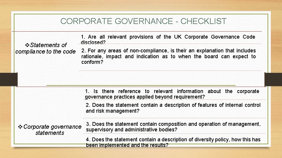 CORPORATE GOVERNANCE - CHECKLIST 1. Are all relevant provisions of the UK Corporate Governance