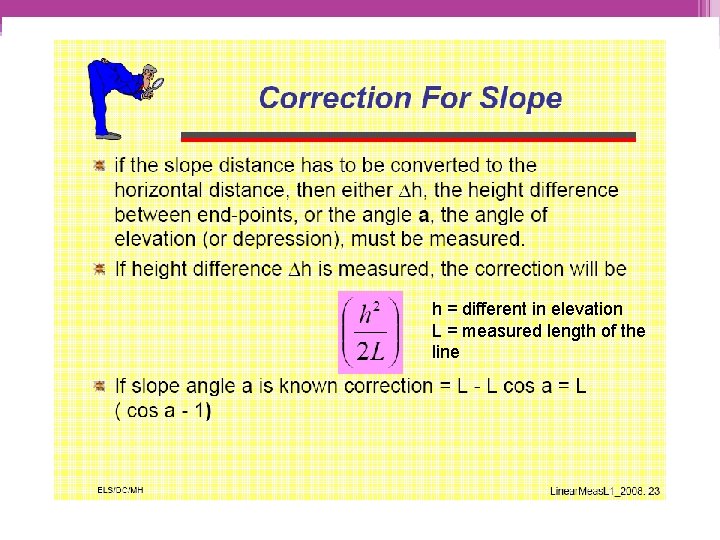 h = different in elevation L = measured length of the line 