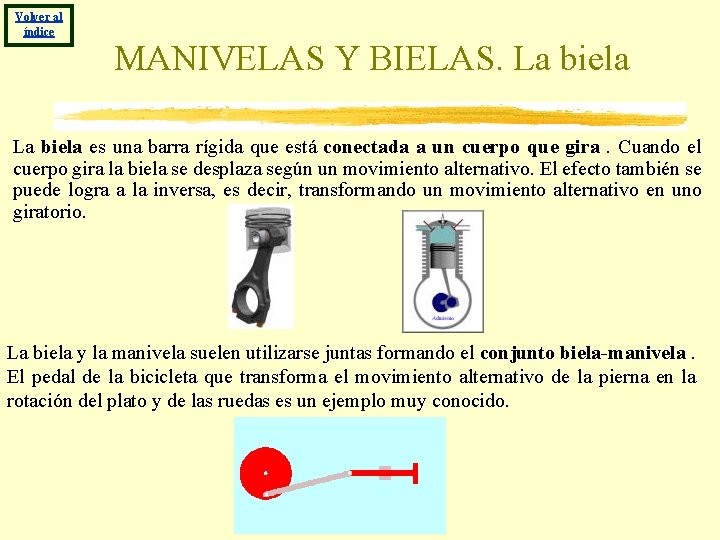 Volver al índice MANIVELAS Y BIELAS. La biela es una barra rígida que está