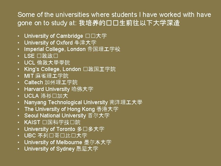 Some of the universities where students I have worked with have gone on to
