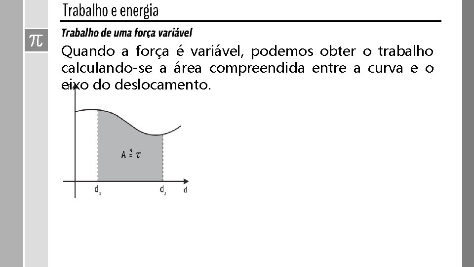 Quando a força é variável, podemos obter o trabalho calculando-se a área compreendida entre