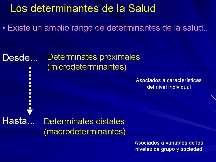 Los determinantes de la Salud • Existe un amplio rango de determinantes de la