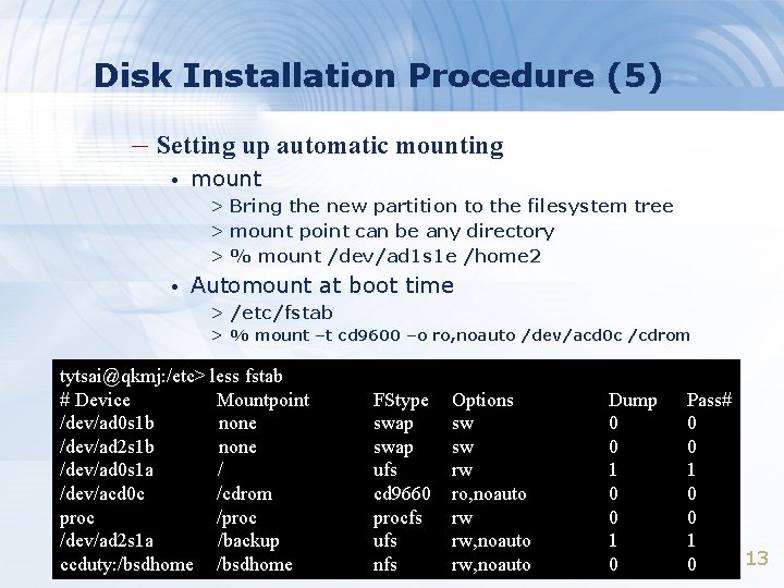 Disk Installation Procedure (5) – Setting up automatic mounting • mount > Bring the