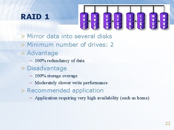 RAID 1 > Mirror data into several disks > Minimum number of drives: 2