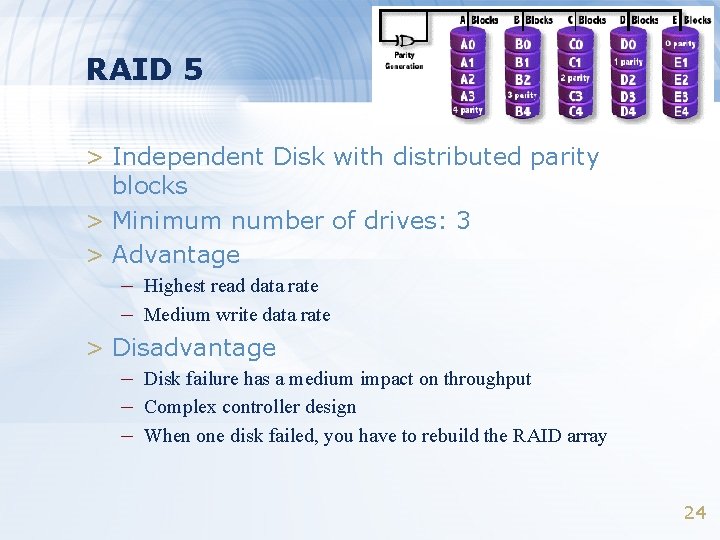 RAID 5 > Independent Disk with distributed parity blocks > Minimum number of drives: