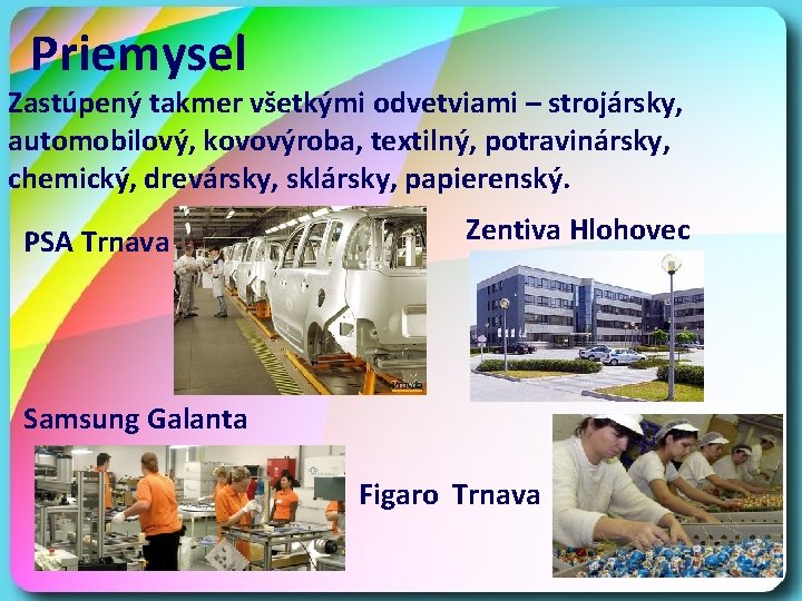 Priemysel Zastúpený takmer všetkými odvetviami – strojársky, automobilový, kovovýroba, textilný, potravinársky, chemický, drevársky, sklársky,