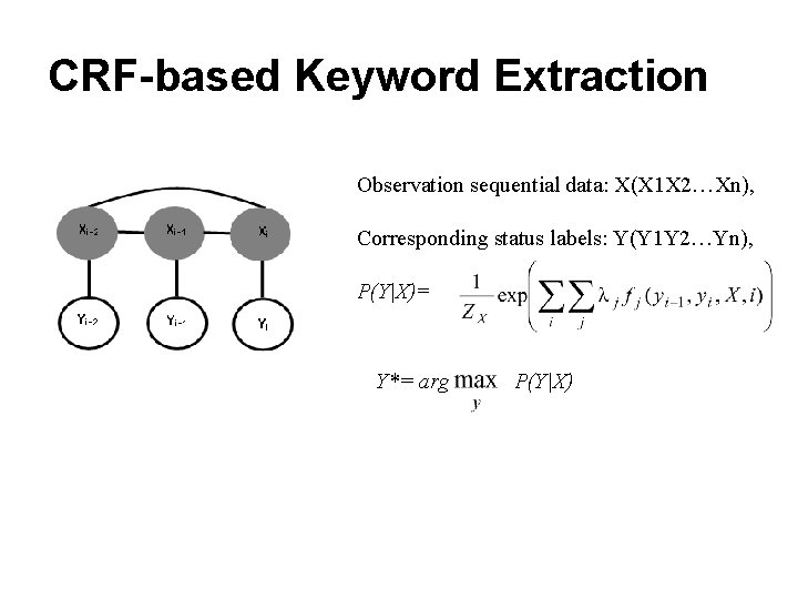 CRF-based Keyword Extraction Observation sequential data: X(X 1 X 2…Xn), Corresponding status labels: Y(Y CRF-based Keyword Extraction Observation sequential data: X(X 1 X 2…Xn), Corresponding status labels: Y(Y