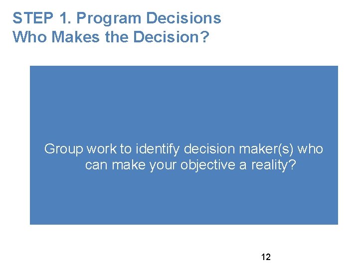 STEP 1. Program Decisions Who Makes the Decision? Group work to identify decision maker(s)