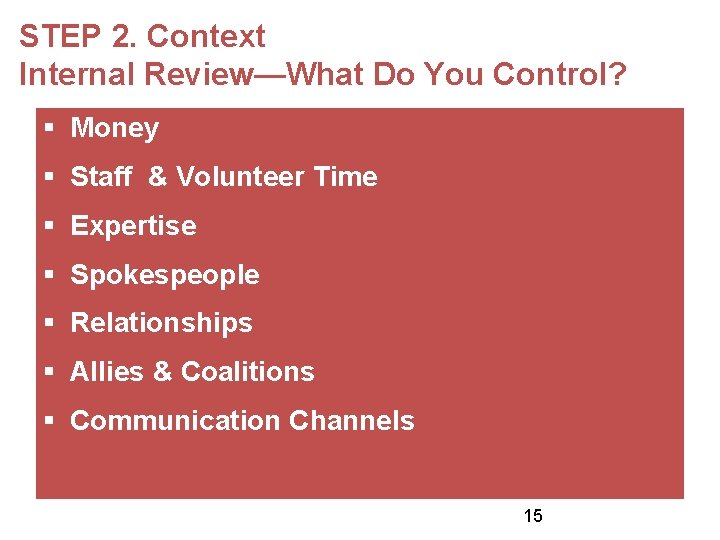 STEP 2. Context Internal Review—What Do You Control? § Money § Staff & Volunteer