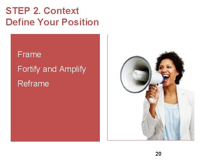 STEP 2. Context Define Your Position Frame Fortify and Amplify Reframe 20 