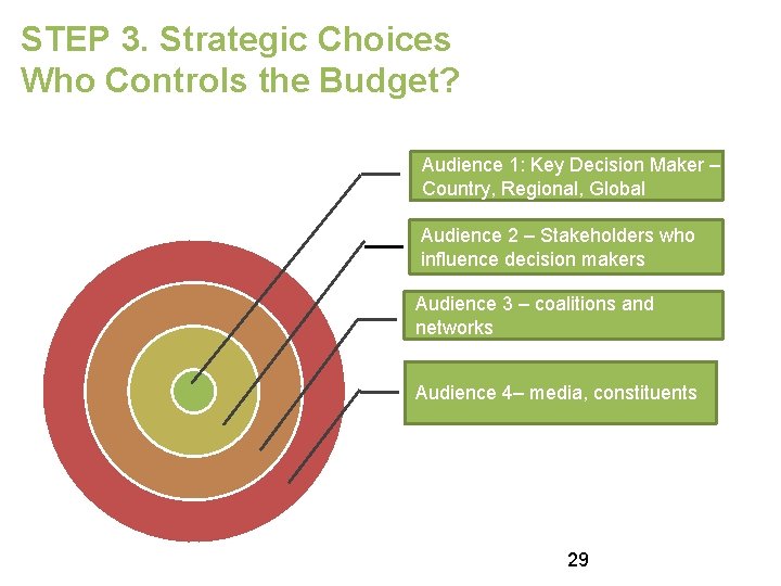 STEP 3. Strategic Choices Who Controls the Budget? Audience 1: Key Decision Maker –