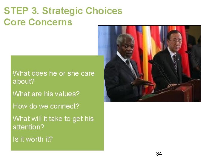 STEP 3. Strategic Choices Core Concerns What does he or she care about? What