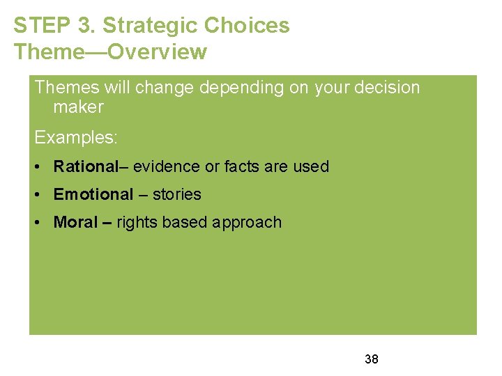 STEP 3. Strategic Choices Theme—Overview Themes will change depending on your decision maker Examples: