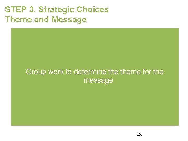 STEP 3. Strategic Choices Theme and Message Group work to determine theme for the
