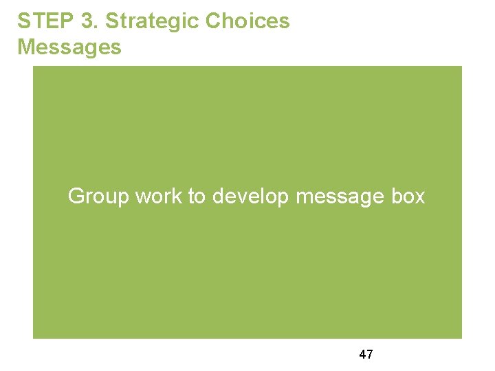 STEP 3. Strategic Choices Messages Group work to develop message box 47 