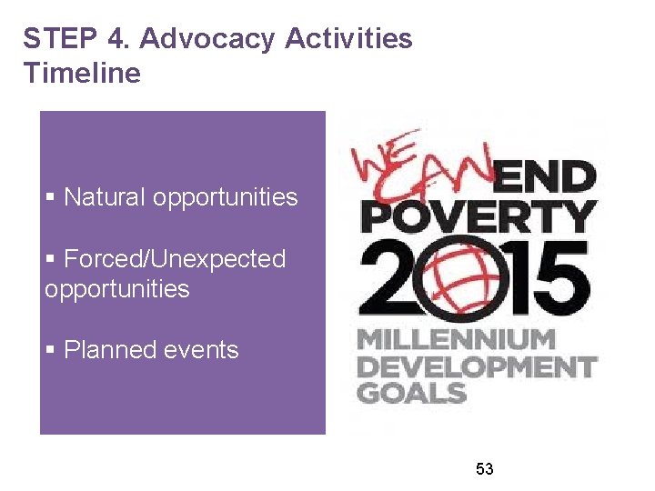 STEP 4. Advocacy Activities Timeline § Natural opportunities § Forced/Unexpected opportunities § Planned events