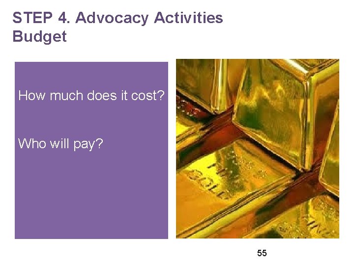 STEP 4. Advocacy Activities Budget How much does it cost? Who will pay? 55