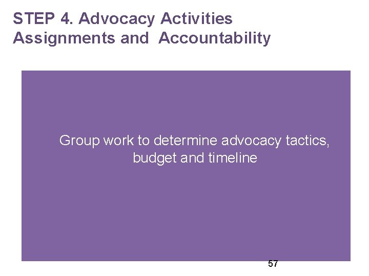 STEP 4. Advocacy Activities Assignments and Accountability Group work to determine advocacy tactics, budget