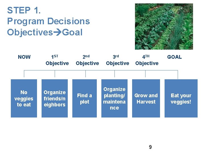 STEP 1. Program Decisions Objectives Goal NOW No veggies to eat 1 ST Objective
