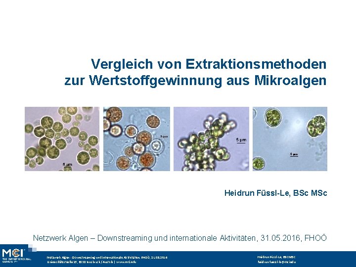 Vergleich von Extraktionsmethoden zur Wertstoffgewinnung aus Mikroalgen Heidrun Füssl-Le, BSc MSc Netzwerk Algen –