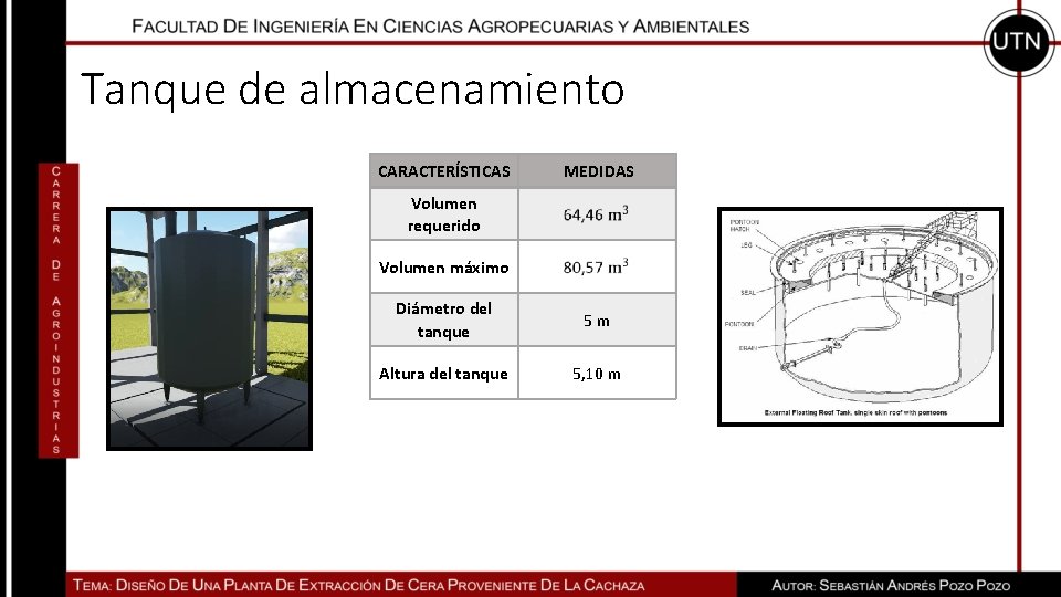 Tanque de almacenamiento CARACTERÍSTICAS MEDIDAS Volumen requerido Volumen máximo Diámetro del tanque 5 m