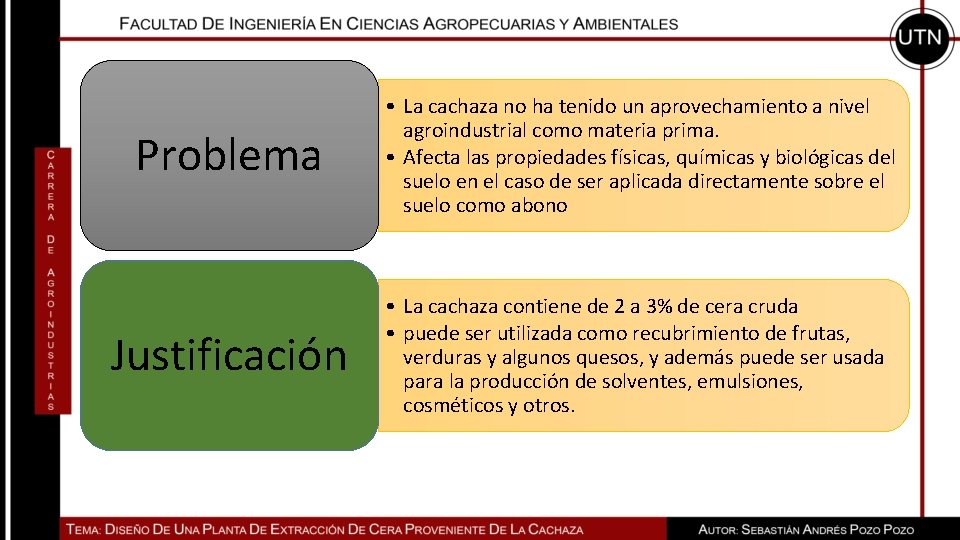 Problema • La cachaza no ha tenido un aprovechamiento a nivel agroindustrial como materia