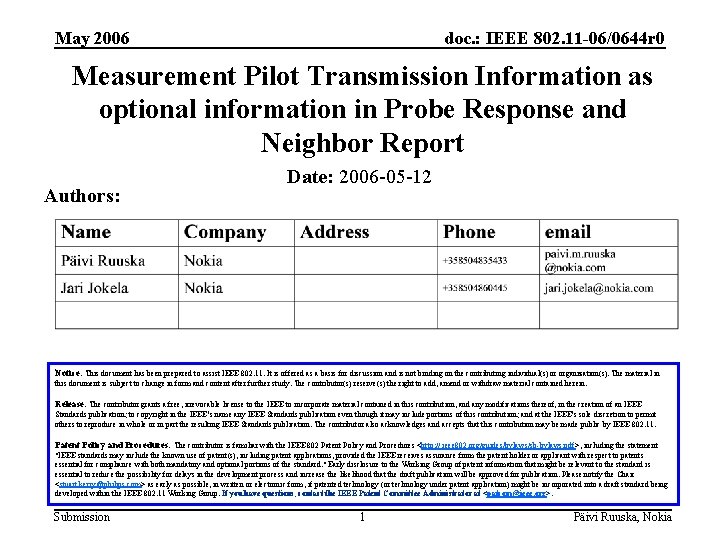 May 2006 doc. : IEEE 802. 11 -06/0644 r 0 Measurement Pilot Transmission Information