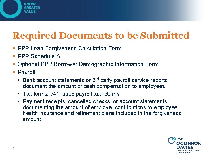 Required Documents to be Submitted § § PPP Loan Forgiveness Calculation Form PPP Schedule